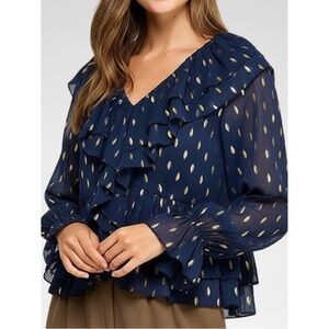 Rubienn Navy Ruffle V-Neck Blouse with Metallic Gold Leaf Print Women Medium NWT